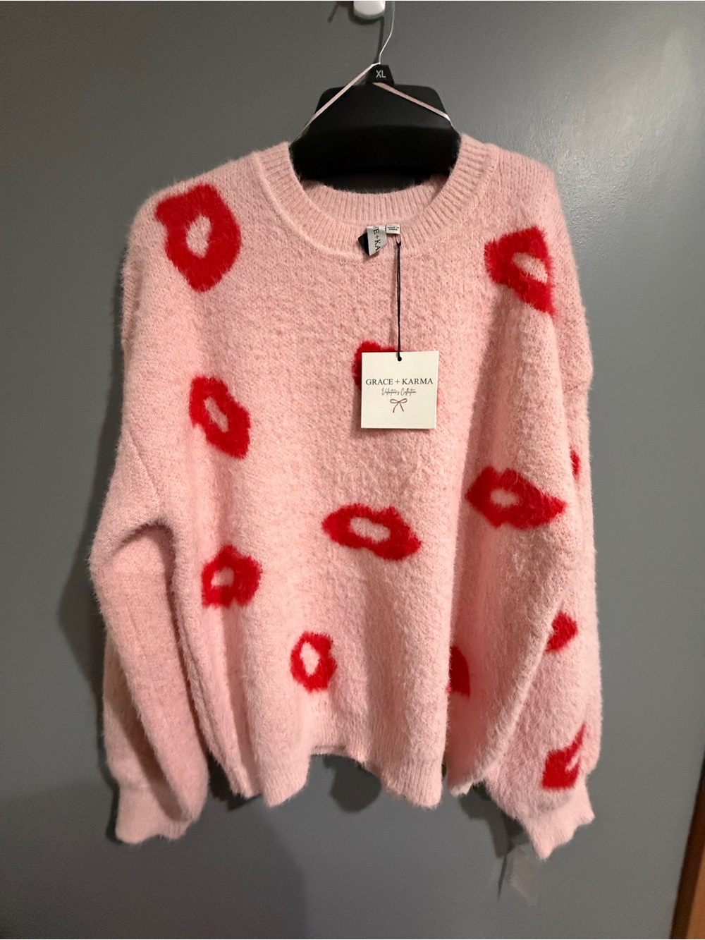 Grace + Karma Pink Plush Crewneck Sweater with Red Lip Motif